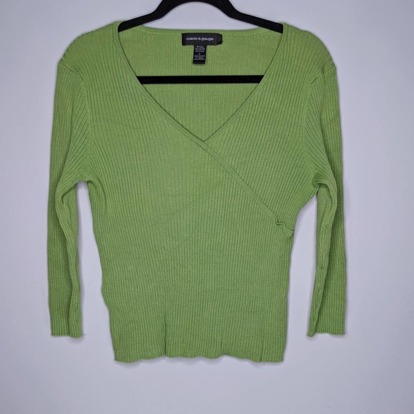 CABLE & GAUGE • Green Ribbed Silk Top Blouse Sz L - Picture 1 of 5